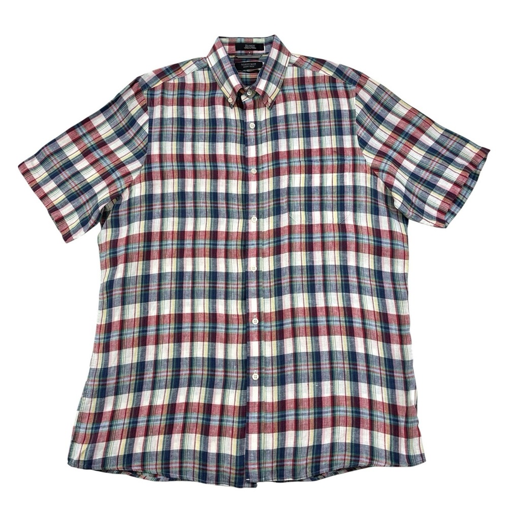 Nordstrom Button Up Linen Shirt Mens Sz L  Plaid Short Sleeve Regular Fit Casual
